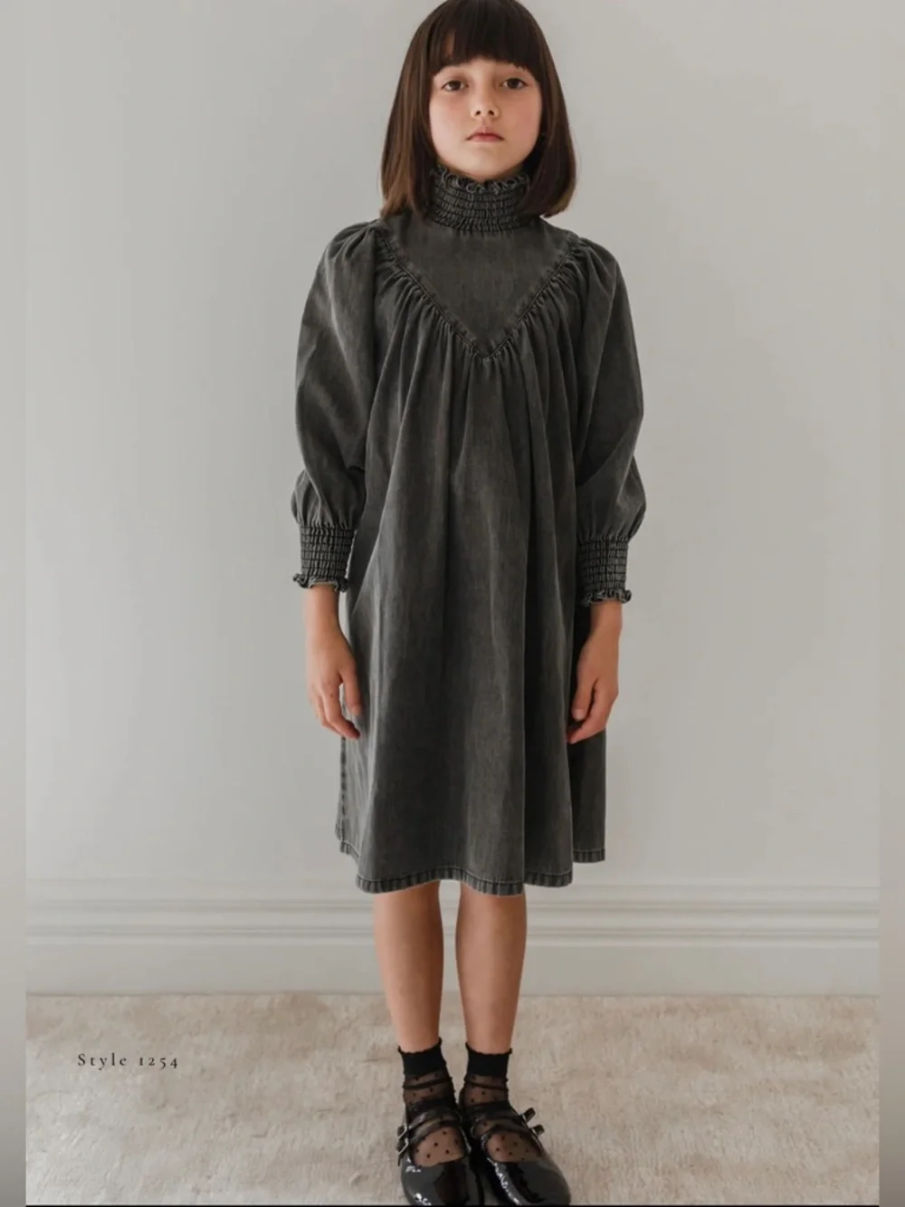 Petite Amalie Girls’ Black Wash Chambray Shirred Neck Babydoll Dress—5Y